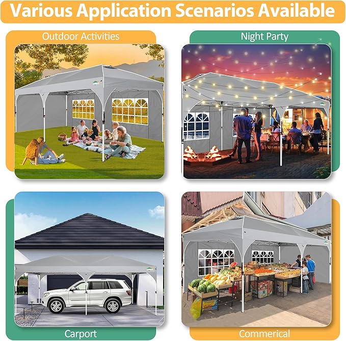COBIZI 10x20 Pop Up Canopy: Canopy Tent with Patented Center-Lock Tech | Quick-Setup,UV-Reflective & Detachable Walls | 210D Waterproof | 3 Height Adjustments for Parties,Weddings,Outdoor Events(Gray)
