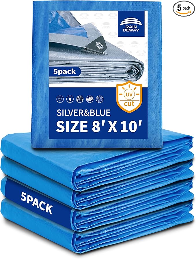 Tarps 8x10 Feet (5 Pack) - 5.5 Mil, Multipurpose Waterproof Poly Tarp Cover with Metal Grommets and Reinforced Edges, Silver/Blue Tarp by RAINDEWAY