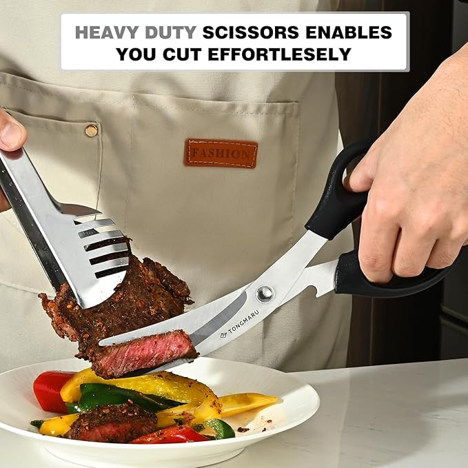 Heavy Duty BBQ Shears, Super Sharp All Purpose Kitchen Poultry Shears, Korean Barbeque Scissors with Anti-slip Handle, Serrated Blades with Bottle Opener function
