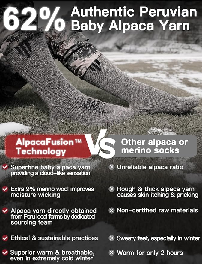 Alpaca Wool Boot Socks Men and Women, Heavyweight Thick Thermal Socks Cold Weather Hunting Hiking, Moisture Wicking