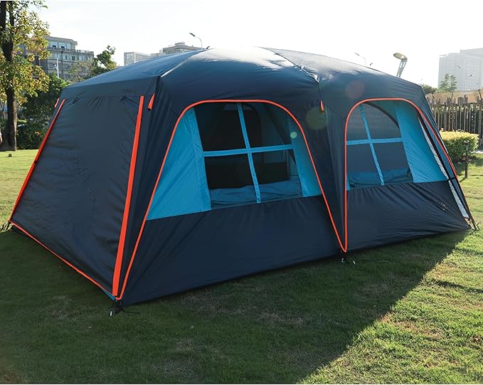KTT Extra Large Tent 12 Person(A),Awning Family Cabin Tents,2 Rooms,3 Doors and 3 Windows with Mesh,Straight Wall,Waterproof,Double Layer,Big Tent for Outdoor,Picnic,Camping,Family Gathering。