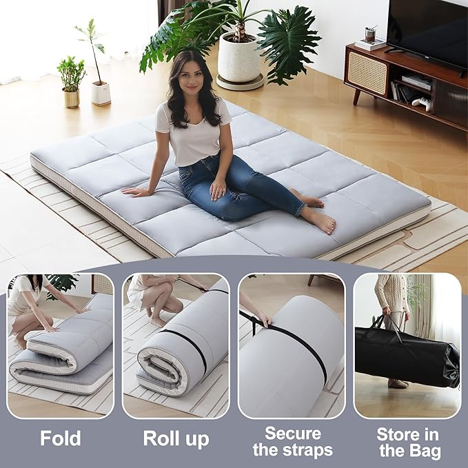 Tiita Queen Memory Foam Mattress Topper, 4" Thicken Futon Floor Mattress with Storage Bag and 2 Straps, Portable Roll Up Travel Car Camping Mattress Sleeping Pad, Grey