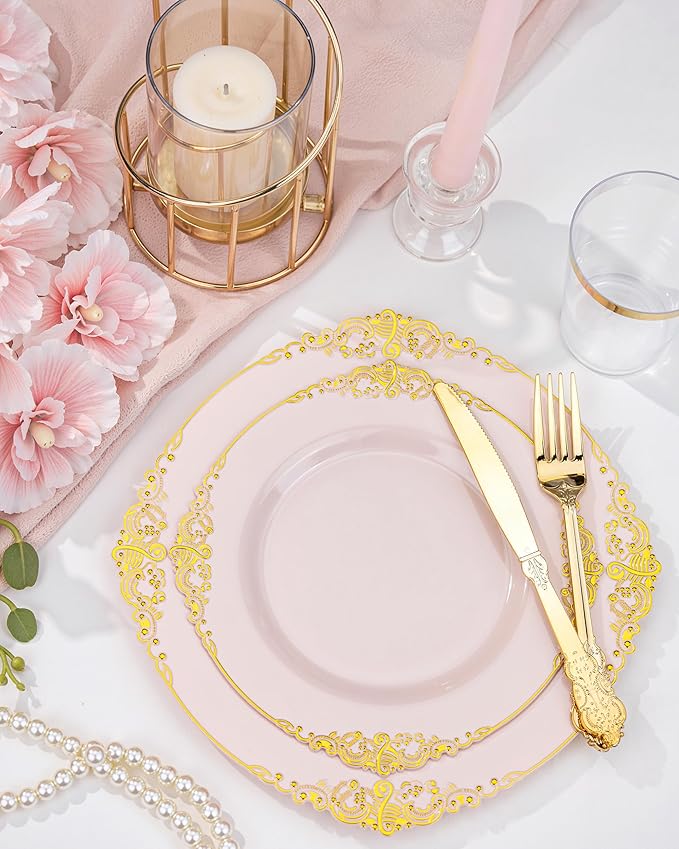 Nervure 100PCS Pink and Gold Plastic Plates - 10.25Inch Pink Disposable Plates - Plastic Dinner Plate for Weddings & Parties & New Year
