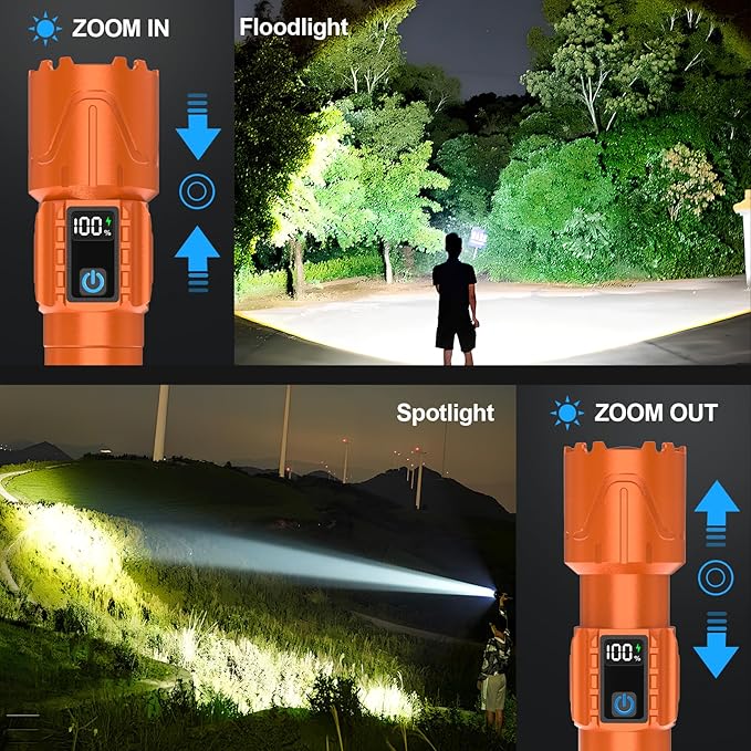 Rechargeable Flashlights High Lumens - Super Bright LED Tactical Flash Light, Powerful Waterproof Handheld USB C Flashlight for Camping,Emergencies,Home,5 Modes,Zoomable (2, Orange)