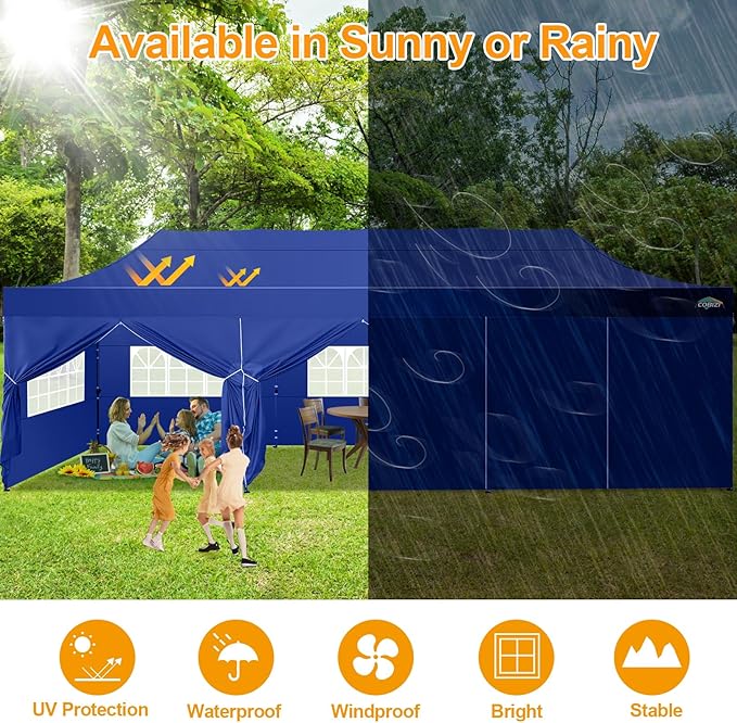 COBIZI 10x30 Pop Up Canopy with 8 Sidewall,Heavy Duty Canopy UPF 50+ All Season Wind Waterproof Commercial Outdoor Wedding Party Tents for Parties Canopy Gazebo with Roller Bag(10 x 30 ft Dark Blue)