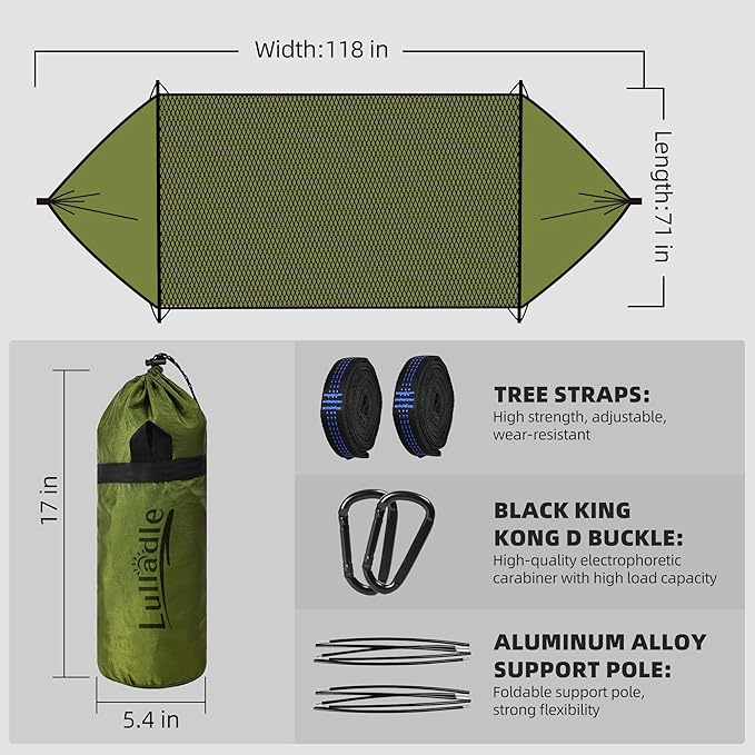 Lulladle Ultralight 2 Person Camping Hammock Mesh House Type Hammock Portable Travel Hanging Hammock 500lbs Durable Parachute Nylon Easy Setup and Pack for Backpacking Hiking Backyard