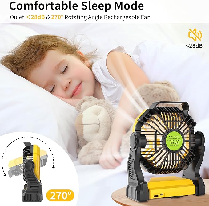 Portable Camping Fan Cordless Battery Powered，270° Rotating Portable Battery Operated Rechargeable Fans, 360° Hanging Hook, USB Personal Outdoor Camping Fans for Tents,Travel X23 Yellow