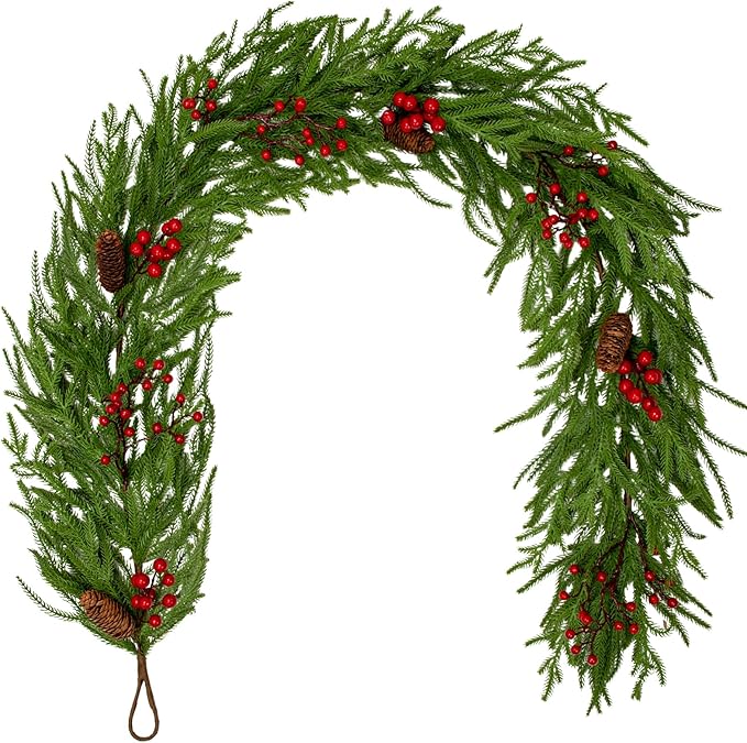 Hollyone 6FT Norfolk Pine Garland Real Touch Winter Pine Garland with Red Berry Christmas Garlands Artificial Greenery for Table Mantle Wall Indoor Outdoor Mantle Holiday Christmas Home Decor