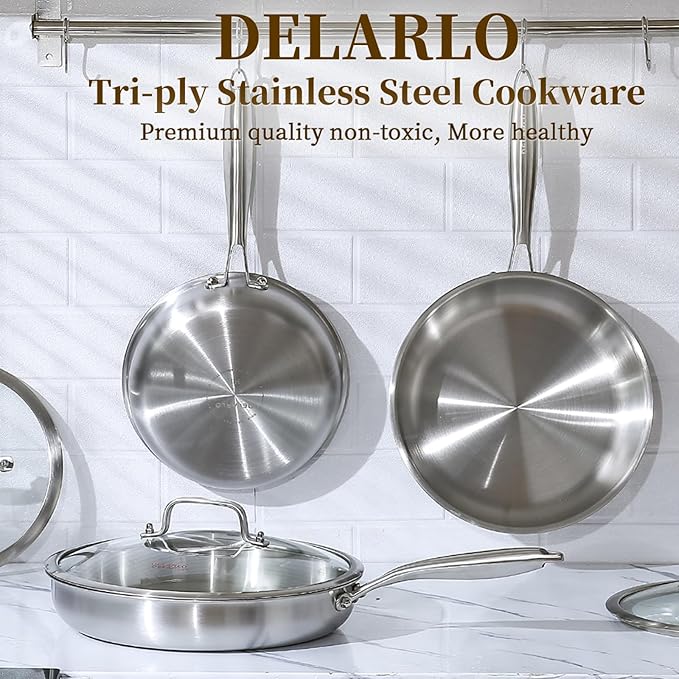 DELARLO Kitchen Whole Body Tri-Ply Stainless Steel Frying Pan, 12 inch,Stainless Steel, Oven safe induction skillet, Pots and Pans set,Suitable for All Stove