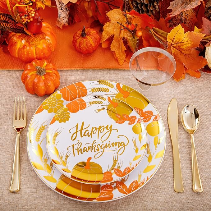 KIRE 150PCS Thanksgiving Plates Dinnerware Pumpkins - Plastic Thanksgiving Plates with Gold Silverware Include 25 for Dinner 25 for Salad 25Forks 25Knives 25Spoons 25Gold Cups