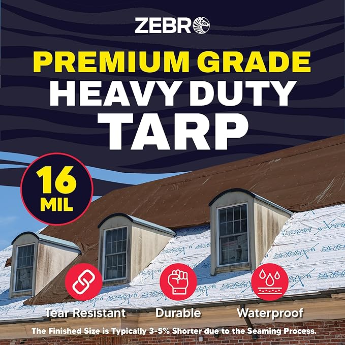 10' x 12' Brown Heavy Duty Tarp with Grommets Reinforced - 16 Mil Thick - Double Sided Plastic Tarps Waterproof - Large Tarpaulin Cover for Outdoor Camping Over/Under Tent Tarp RV Roof Rain - Zebro