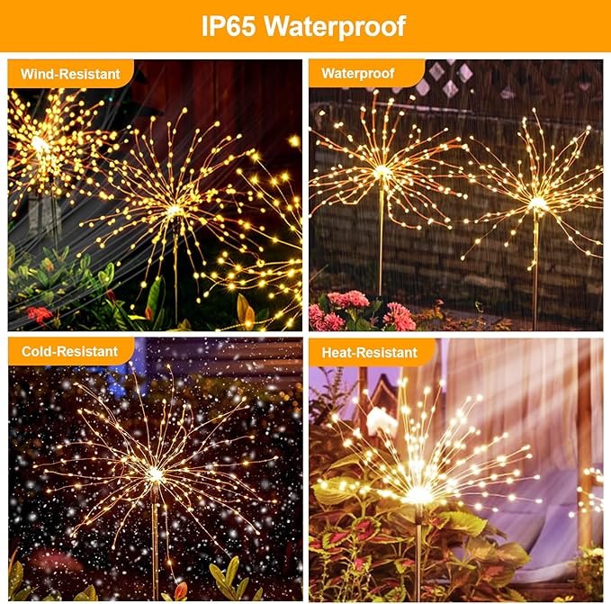 Solar Fireworks Lights for Outside, 150LED 8 Modes Fireworks Solar Lights Outdoor, Fairy Garden Flowers for Yard Pathway Wedding Party Christmas Diwali Garden Decor 2Pack (Warm White)