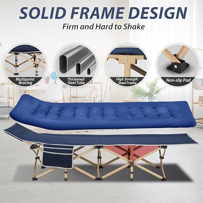 Folding Camping Cot for Sleeping, Portable Cots for Adults, Heavy Duty Cot Bed 550LBS(Max Load), Extra Wider Cots with Large Pocket for Outdoor, Office, Beach