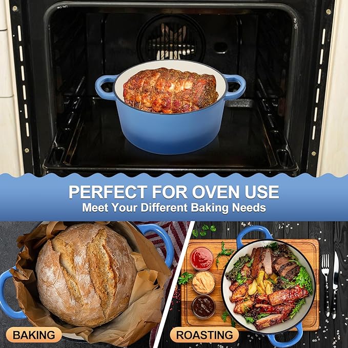 P&P CHEF 5QT Enameled Dutch Oven, Cast Iron Dutch Oven Pot with Lid for Bread Baking, Enameled Casserole Pot for Roasting Braising Stewing Frying Simmering, Various Stoves & Easy Clean, Blue