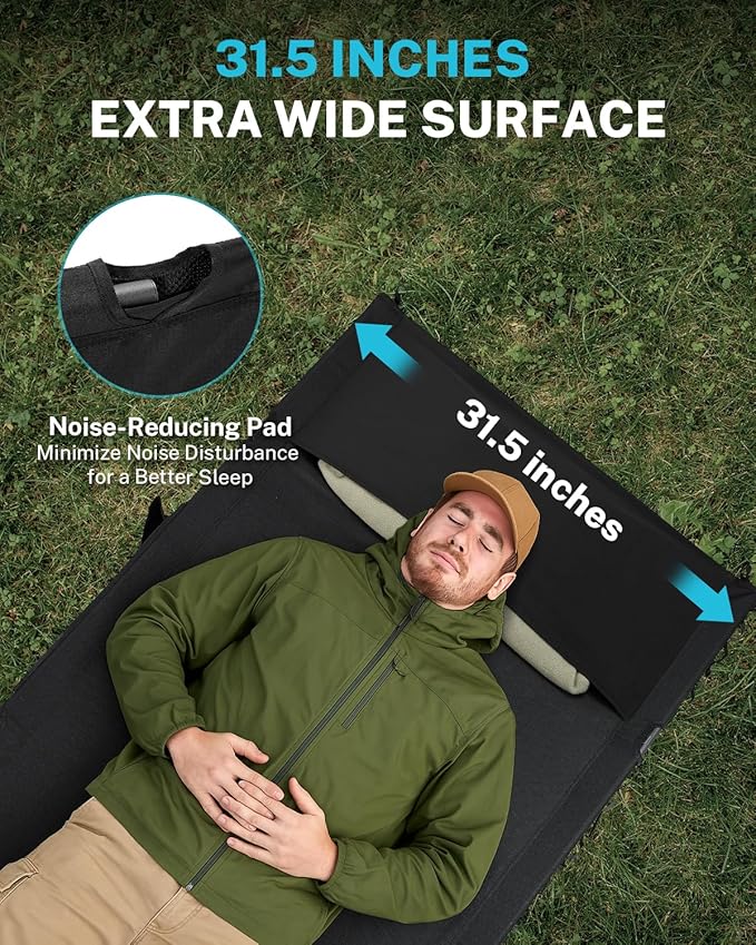 Gonex 31.5" Extra Wide Camping Cot with Leg Extenders 2 in 1 Portable Folding Cot for Adults Height Adjustable Supports 350lbs Sleeping Bed for Backpacking Travel Beach Home, Black