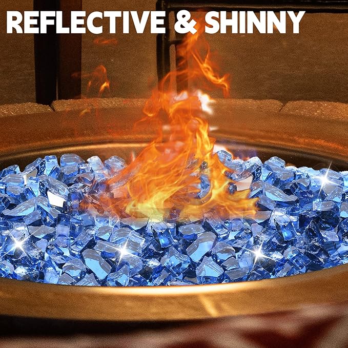Blue Fire Pit Glass, 20 Pounds High Luster Reflective Tempered Glass Rocks, 1/2 Inch Firepit Rocks for Firepit Table, Propane Fireplaces, Fire Bowls
