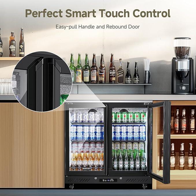 BODEGACOOLER Commercial Beverage Bar Cooler with 2 Glass Doors,7.7 Cu.ft Counter Height Back Bar Refrigerator LED Lighting for Soda Drinks,Beer,Wine with Stainless Steel Top,DOE Approved,4 Casters