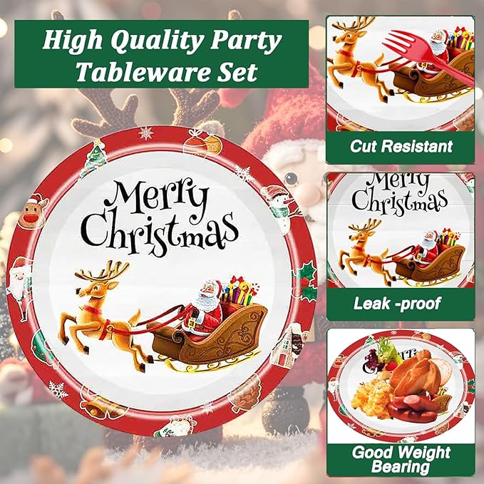 (25 Guests) 175pcs Christmas Plates and Napkins, Knives, Forks, Spoons, Cups, Disposable Dinnerware Set Paper Plates with Silverware for Christmas New Year Thanksgiving Party