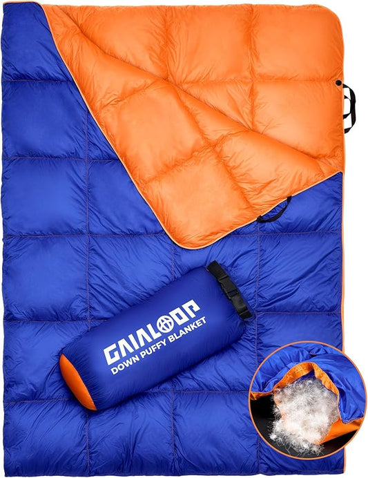 Down Puffy Blanket for Car Camping Outdoor Travel Backpacking, Duck Down Lightweight Portable Soft Warm Cozy Camping Blanket Quilt, Lake Blue