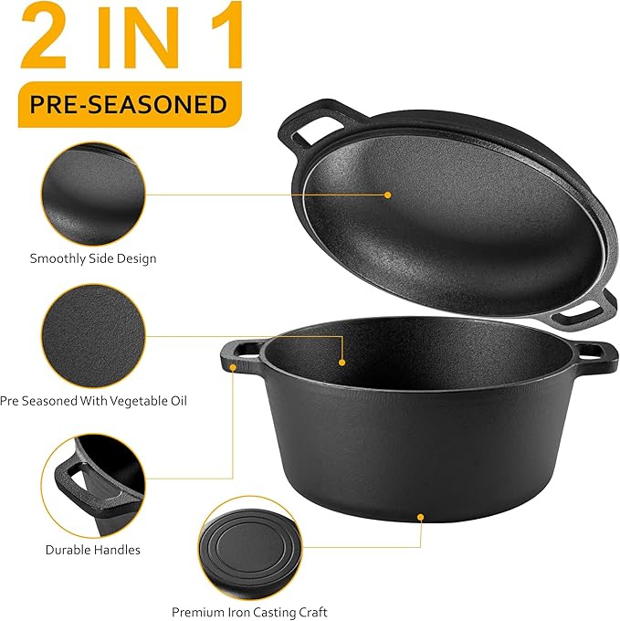 Velaze Cast Iron Dutch Oven Pot with Skillet Lid, 2-in-1 Pre-Seasoned Dual Handle Cast Iron Pan for Bread Baking, Frying, and Camping - Black 5QT
