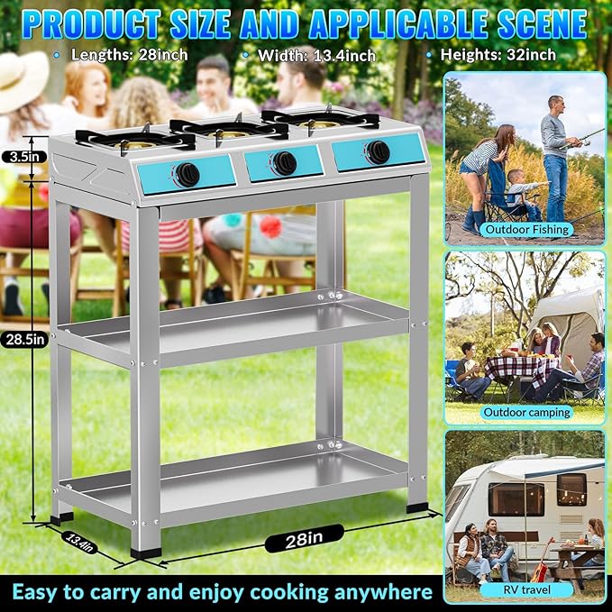 3 Burner Propane Gas Stove,40000BTU Portable Gas Stove with Support Leg Stand and Adapter Auto Ignition Camping Stove,propane burner for RV, Apartment, Outdoor Cooking