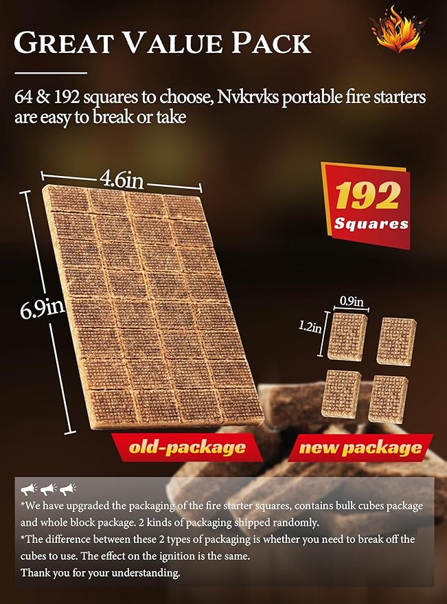 Fire Starter Squares 192, Natural & Odourless FireStarters Cubes for Campfire, Fireplace, Chimney and Barbecue, Water Resistant, Easy to Ignite, Safe Camping Accessories