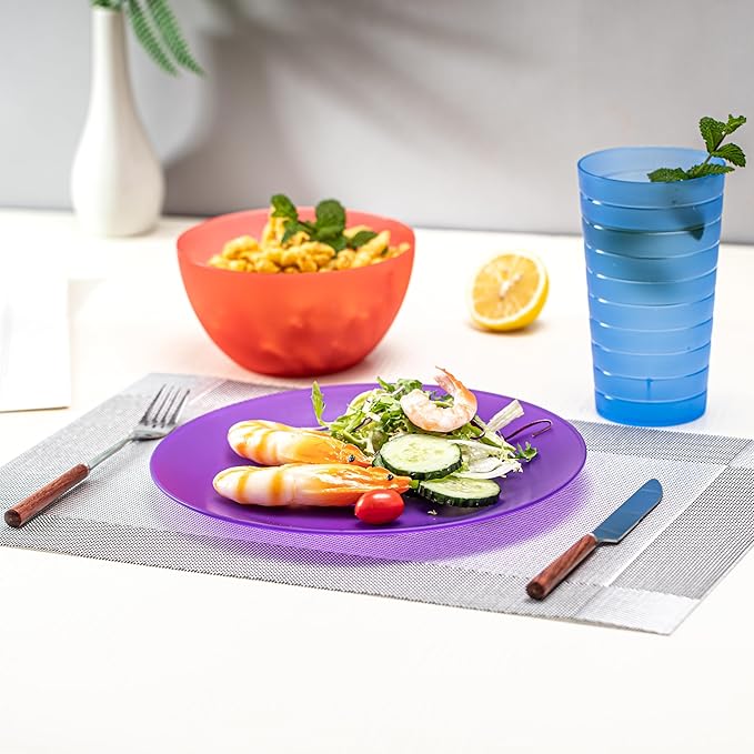 18-Piece Plastic Dinnerware Set, Unbreakable and Reusable Plastic Plates Bowls Tumblers, Multicolor