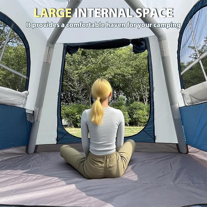 Inflatable Camping Tent for 2-4 Person, Glamping Blow up Tent with Hand Pump, Oxford Waterproof Air Cabin Tent with Mesh Windows & Door
