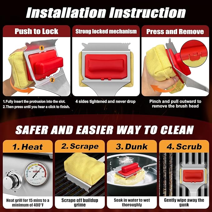 Steam Safe Grill Cleaning Brush Bristle Free and Scraper for Outdoor Grill with 15" Extended Handle, 3X Thick Aramid Fabric Replaceable Brush Heads, Triple-Groove Scraper Design for All Grates, Red