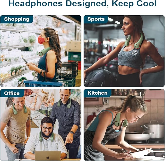 CIVPOWER Neck Fan: Portable Personal Neck Cooling Rechargeable Bladeless Fan - Hands Free 3 Speed 4000 mAh Battery USB Operated Wearable Headphone Design - for Men Women Outdoor Indoor (Light Green)