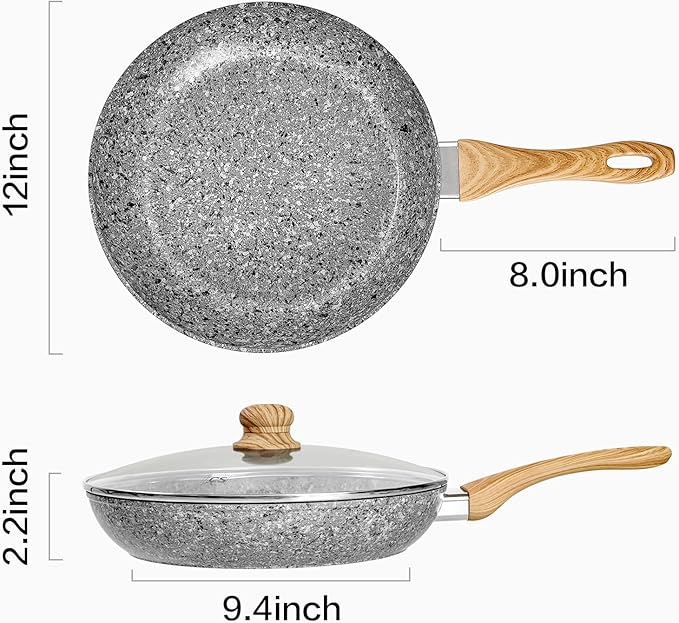 KOCH SYSTEME CS Nonstick Frying Pan with Lid, 12 Inch Grey Granite Frying Pan with Non-toxic Nonstick Coating, Aluminum Skillet with Heat-resistant Bakelite Handle, Induction Compatible, Oven Safe