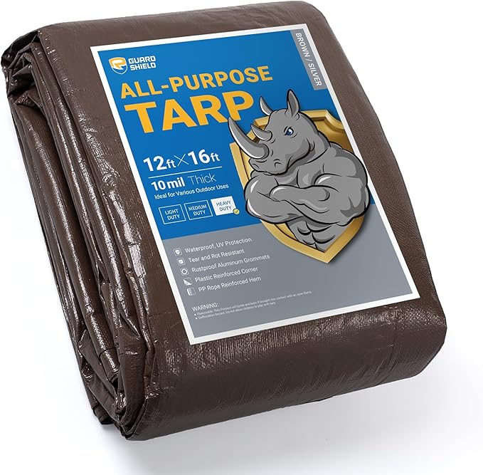 GUARD SHIELD Tarps Heavy Duty Waterproof 12x16 Feet Brown/Bright Silver Poly Tarp Cover Outdoor Thick UV Resistant Tarpaulin with Grommets 10mil