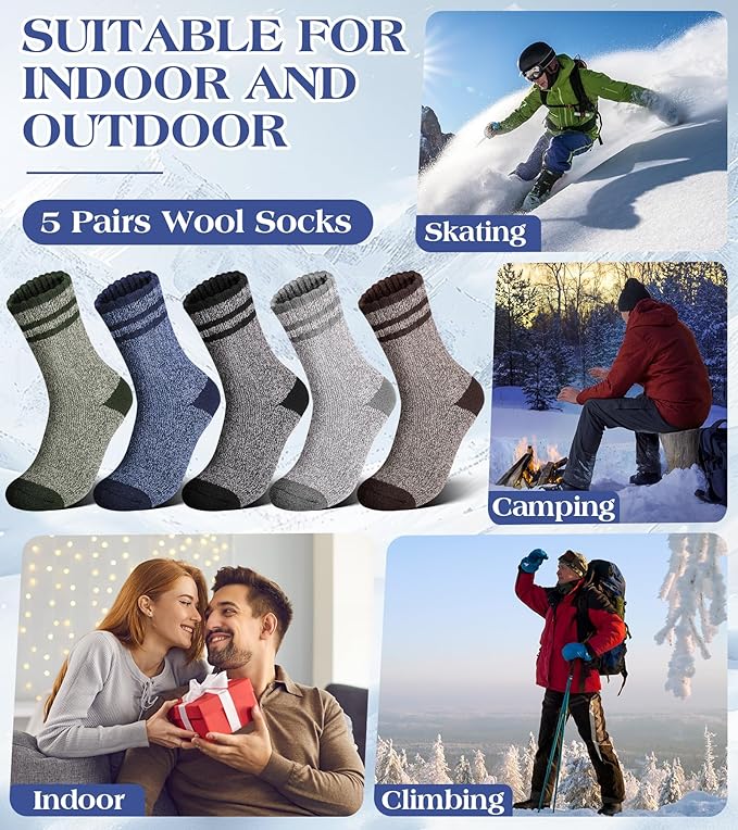 Yeblues 5 Pairs Wool Socks Mens, Winter Thick Merino Warm Hiking Socks,Soft Casual Thermal Crew Socks
