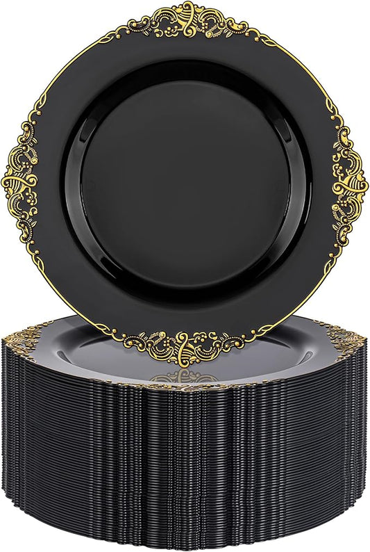 Nervure 100PCS Black Gold Plastic Plates - 7.5 inch Black Plastic Plates with Gold Rim - Disposable Dessert Plates for Wedding & Independence Day & Halloween