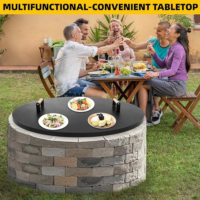 G GOOD GAIN Firepit Lid Round 38 Inch - Rust Resistant Fire Pit Lid Cover with Wooden Handle & Gloves, Fire Pit Snuffer Lid for Courtyards, Patio, Winter Cold Protection. Fits Fire Pits Up to 36"