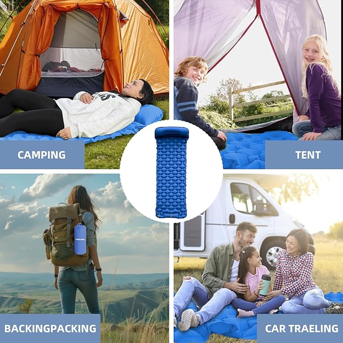 Inflatable Sleeping Pad with Pillow for Camping-Built in Foot Pump Fast Inflation-Ultralight Upgraded Durable Compact Sleeping Mat Moisture Proof Air Mattress for Backpacking,Hiking,Travel,Tent
