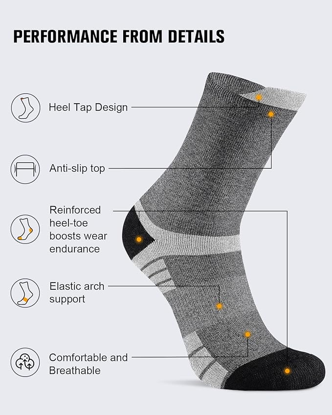 6 Pairs Men's Cotton Crew Work Boot Socks, Moisture Cushioned Athletic Sports Socks for Hiking Running Workout