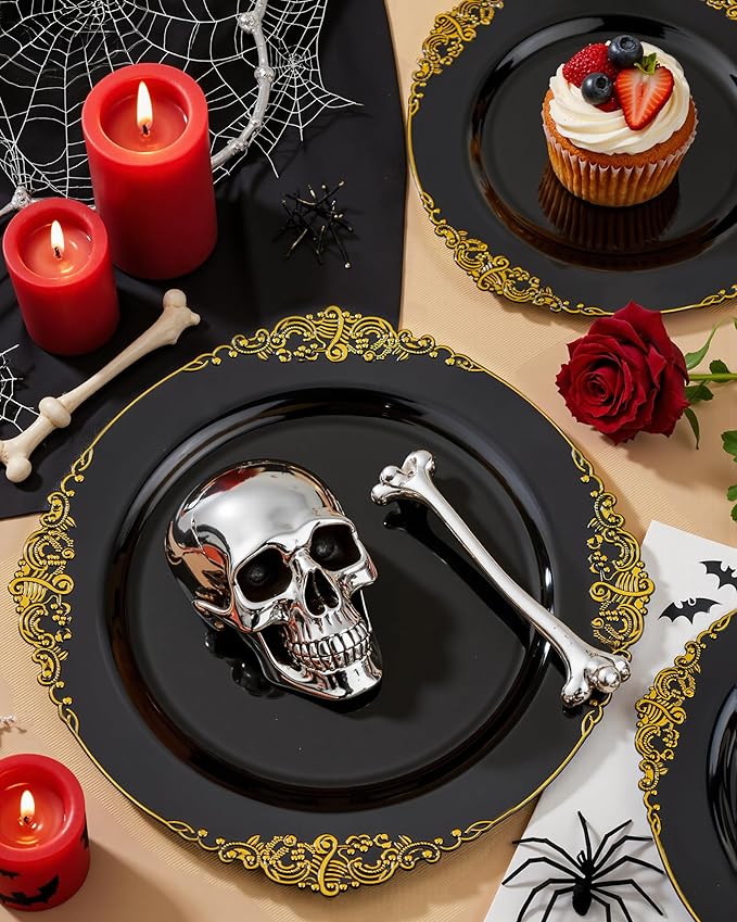 Nervure 100PCS Black and Gold Plastic Plates - 10.25Inch Black Disposable Plates - Black Plastic Dinner Plates for Wedding & Party & Halloween