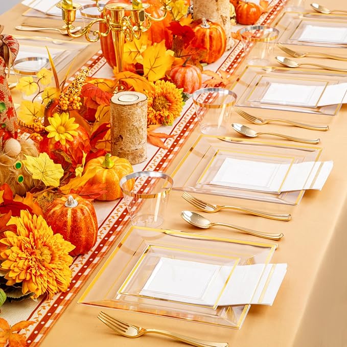 Festiva 350Pcs Clear Plastic Plates with Gold rim - Clear Gold Disposable Dinnerware for 50 Guests include 100 Square Plastic Plates 50Cups 50Cutlery 50Napkins Perfect for Thanksgiving Party&Wedding