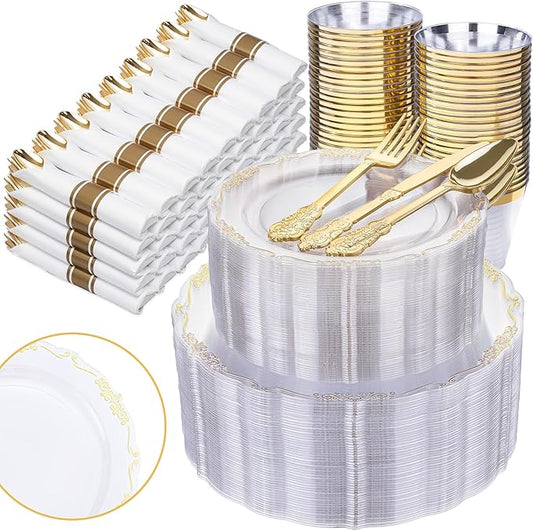 U-QE 350PCS Gold Plastic Plates - Disposable Dinnerware Set for 50 Guests - Clear and Gold Plates and Napkins Party Supplies include 100 Plate, 150 Silverware, 50 Cups, 50 Napkins for Weddings&Party