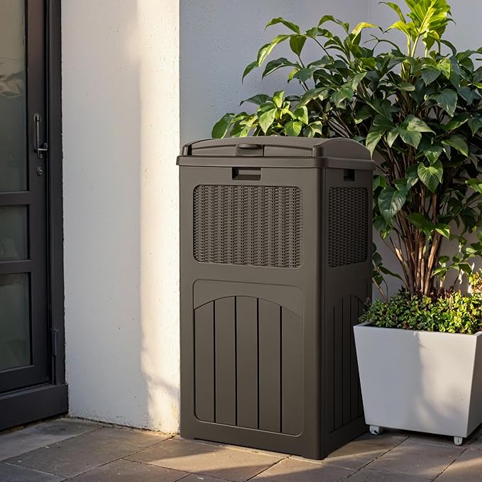 Devoko 33 Gallon Outdoor Trash Can, Hideaway Garbage Bins with Tiered Lid, Waterproof Resin Outside Waste Bins for Patio, Outside Pool, Backyard and Deck(1, Deep Brown)