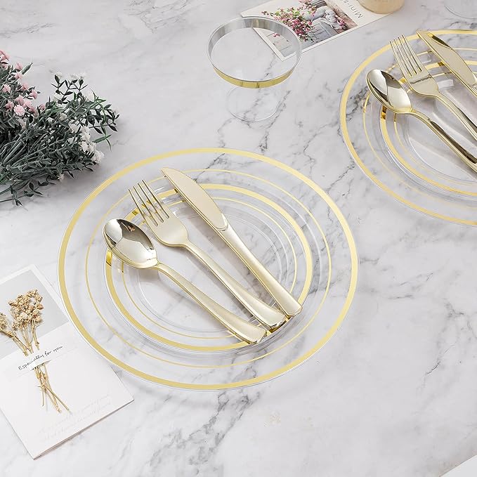 300PCS Plastic Dinnerware Set (50 Guests), Clear Gold Disposable Plates for Party, Wedding, Christmas, Anniversary, Includes: Dinner Plates, Dessert Plates, Cups, Spoons, Forks and Knives