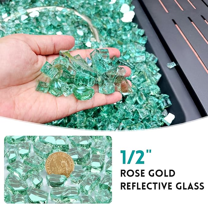 20 Pounds Fire Glass 1/2 Inch High Reflective Tempered Firepit Glass Rocks for Fireplace, Fire Pit Table, Fire Bowl and Landscaping (Emerald Green)