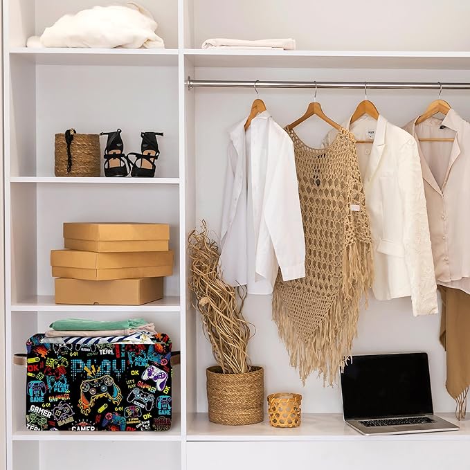 Gamer Rectangle Storage Basket - Game Themed Collection Collapsible Storage Baskets with Handles - Gamer Toy Bins for Boys - Cool Game Pattern Storages Bin for Kids Clothes, Gifts, Books