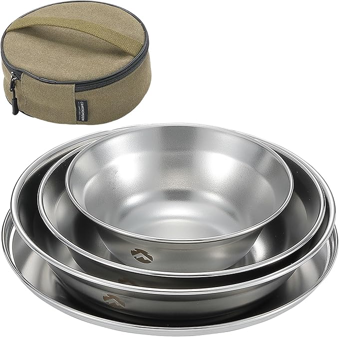 CAMPINGMOON Camping Plates Set Stainless Steel Dishwasher Safe Kitchenware S395
