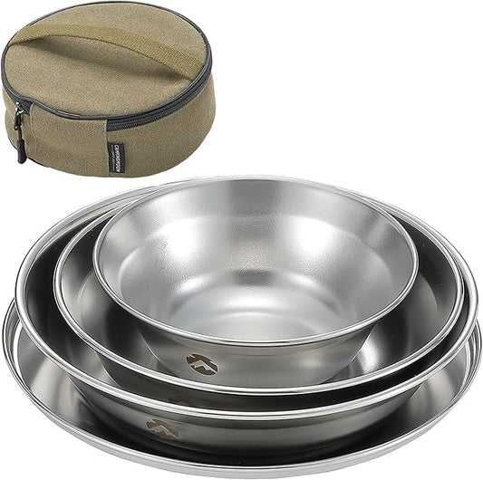 CAMPINGMOON Camping Plates Set Stainless Steel Dishwasher Safe Kitchenware S395