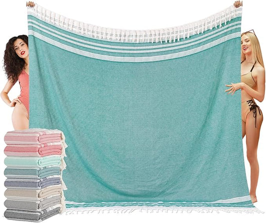 Oversized Turkish Beach Towel Blanket XXL Cotton Sandproof Towels Boho Woven Extra Large Big Sand Free Giant Throw Blankets Huge Quilt XL Picnic Camping Necessities Cloud For Adult Gifts Teal