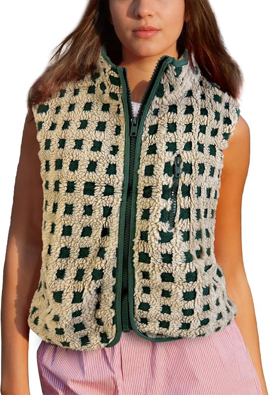 Colorful world Womens Checkered Sherpa Vest Fleece Jacket Lightweight Zip Up Sleeveless Crochet Plaid Gilet with Pocket