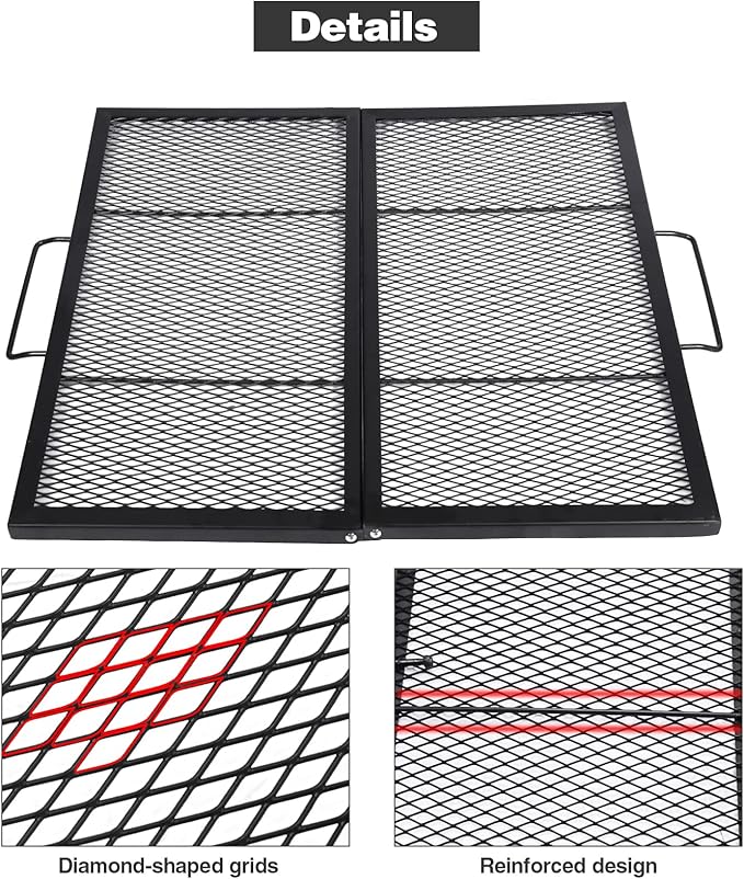 Lineslife Square Fire Pit Cooking Grill Grates, Folding Outdoor Campfire BBQ Grill Rack with Handles, Portable Outside Camping Gear Cookware and Accessory, 30 Inch