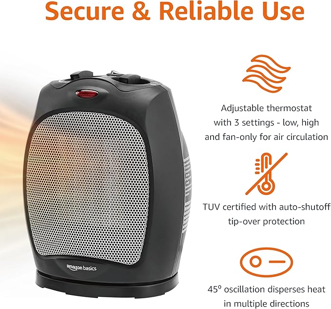 Amazon Basics Oscillating Ceramic Space Heater, Portable Indoor Heating Solution, With Overheat and Tip-Over Protection, Thermostat, 1500W, 7.52"D x 6.34"W x 9.45"H, Black